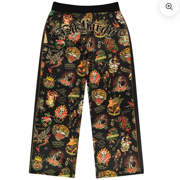 Ed Hardy Women's Shrunken Flashboard Track Pants multicolor tattoo art - Picture 2 of 14